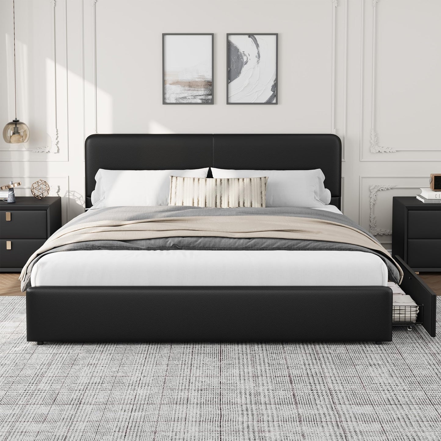 GarveeHome Modern Upholstered Platform Bed Frame with Headboard and Storage Drawers – PU Black Faux Leather, Sturdy Wooden Slat Support, Noise-Free, No Box Spring Needed, Easy Assembly – King Size, PU