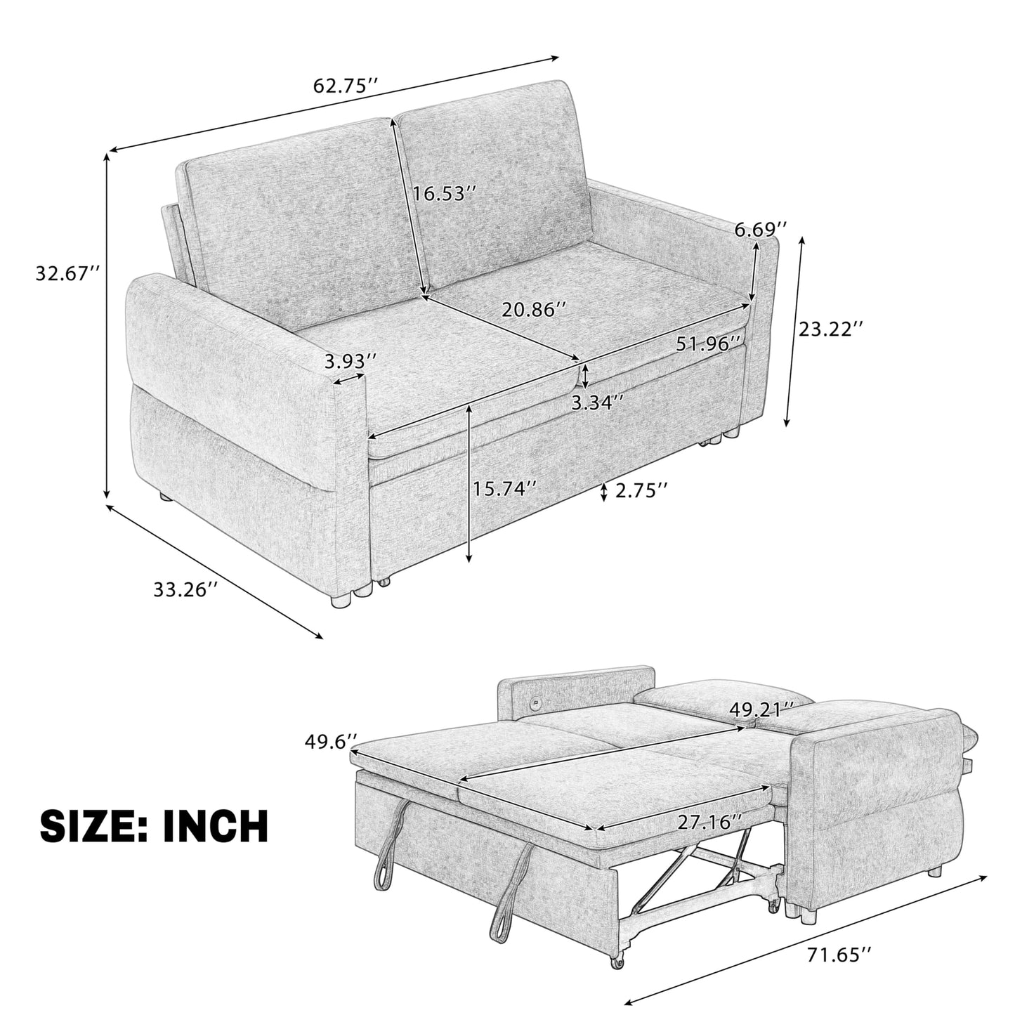Convertible Sofa Bed Loveseat with Adjustable Backrest, Chenille Sleeper Couch with USB Ports, 3 Position Reclining Sofa Bed for Small Spaces Apartment Guest Room, Modern Compact Furniture, Grey