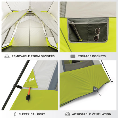 CORE 12 Person Instant Cabin Tent | Large 3 Room Family Pop Up Tent for 2 Minute Camp Setup | Included Storage Pockets for Camping Accessories