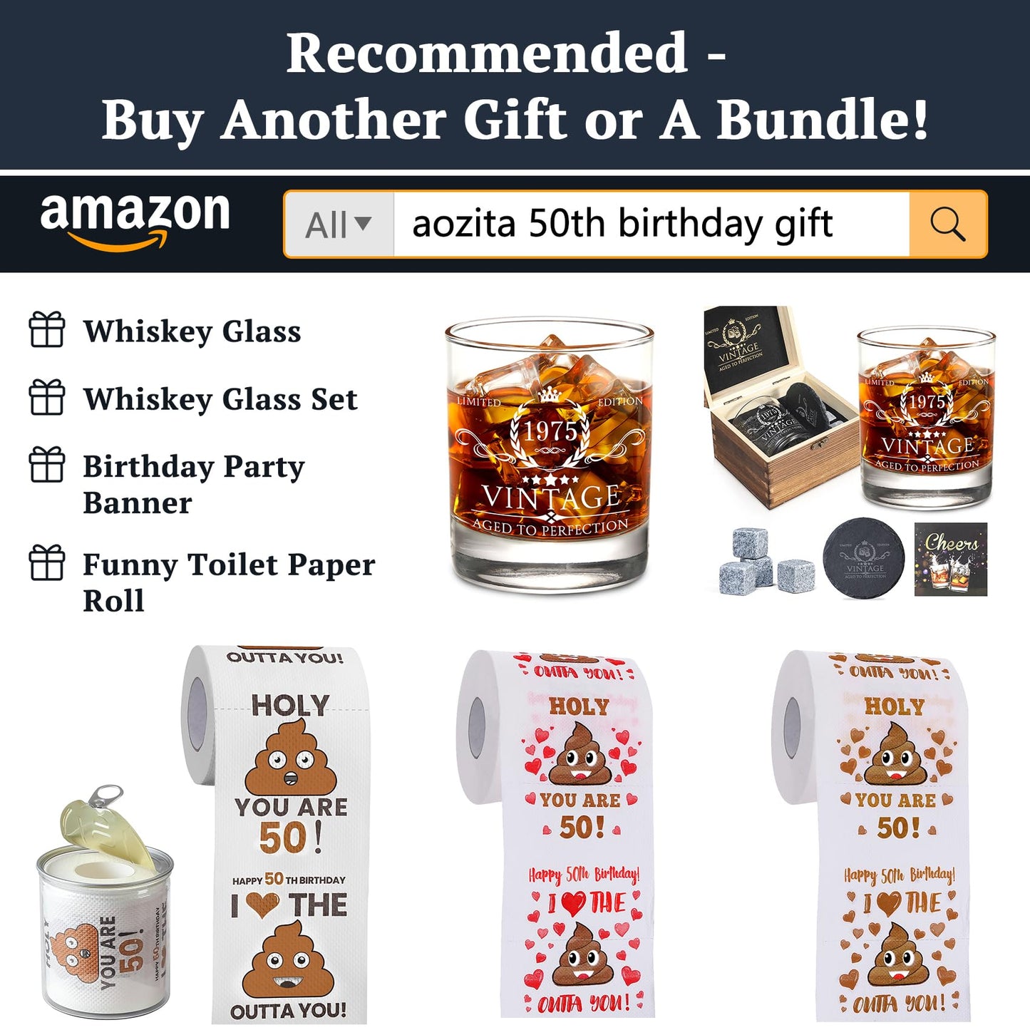 50th Birthday Gifts for Men Whiskey Glass Set - 50th Birthday Decorations, Party Supplies - 50 Year Anniversary, Bday Gifts Ideas for Him, Dad, Husband, Friends - Wood Box & Whiskey Stones & Coaster
