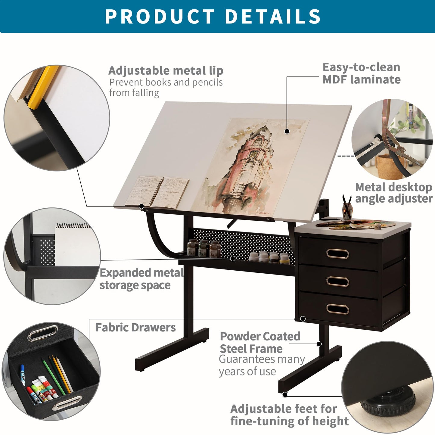 White Tabletop Adjustable Drafting Drawing Table for Crafting, Reading, Writing with Stool and 3 Storage Drawers