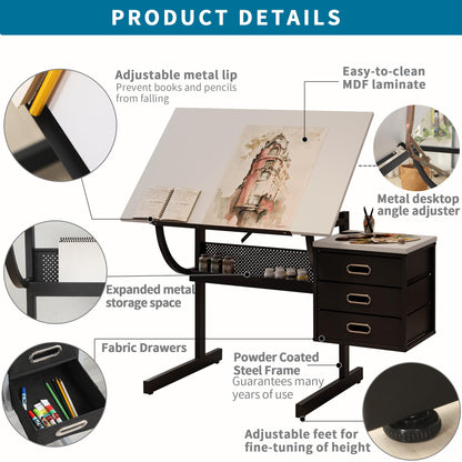 White Tabletop Adjustable Drafting Drawing Table for Crafting, Reading, Writing with Stool and 3 Storage Drawers