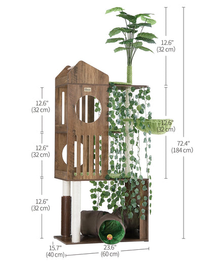 FourFurPets Large Cat Tree with Leaves, 72.8-Inch Cat Tower for Indoor Cats, Modern Cat Tree with Scratching Post, Large Perch, Tunnels, Swing Ball, Self Groomer, Greige
