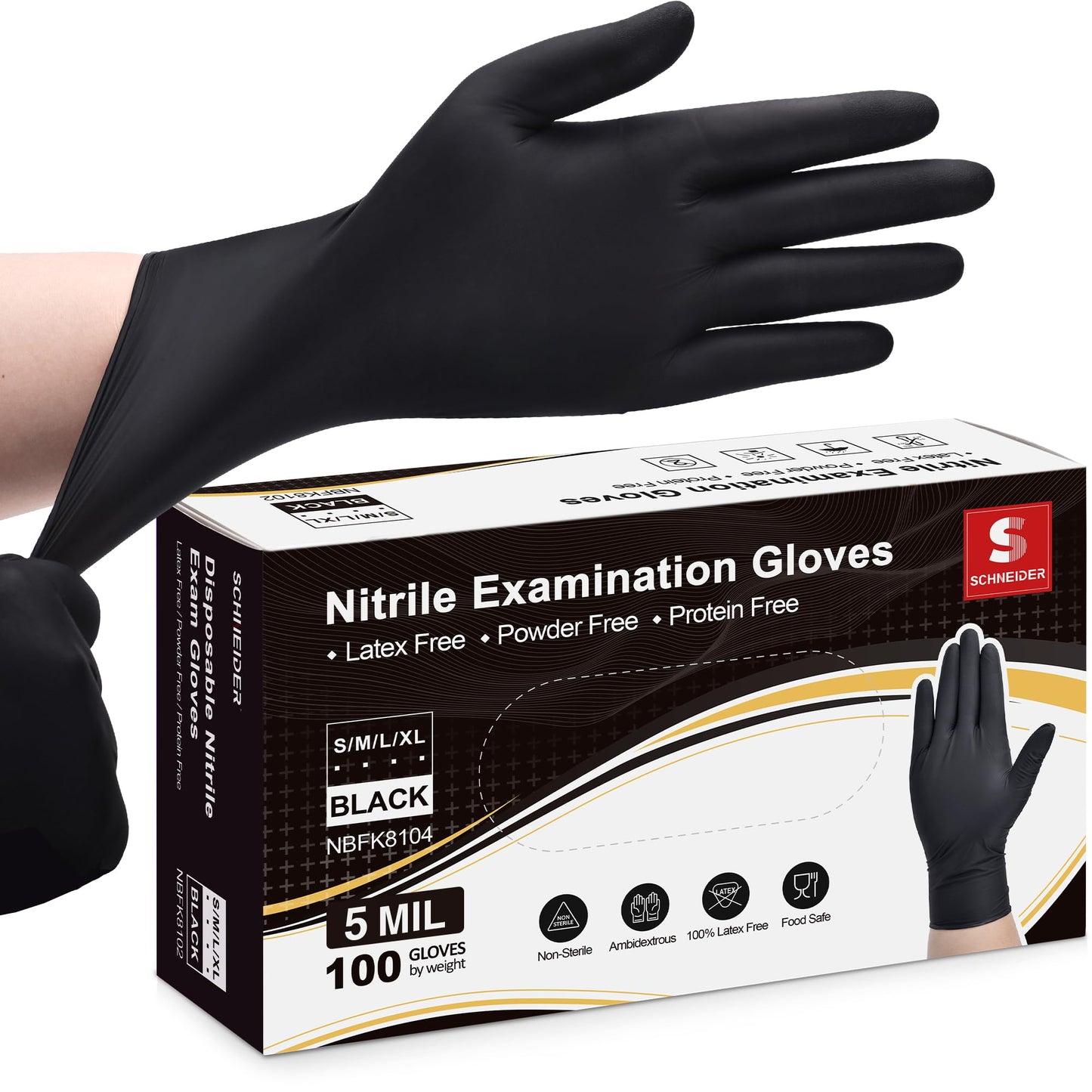 Schneider Nitrile Exam Gloves, Black, Medium, Box of 100, 5 Mil Thick Disposable Gloves, Powder Free, Latex Free, Non Rubber - for Medical, Cleaning & Cooking, Barbecue, Food Prep