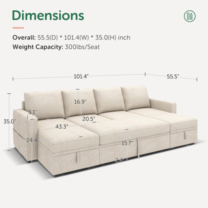 HONBAY Modular Sectional Sleeper Sofa Bed, Sectional Couch with Pull Out Bed U Shaped Modular Couch with Storage Ottoman for Living Room, Beige