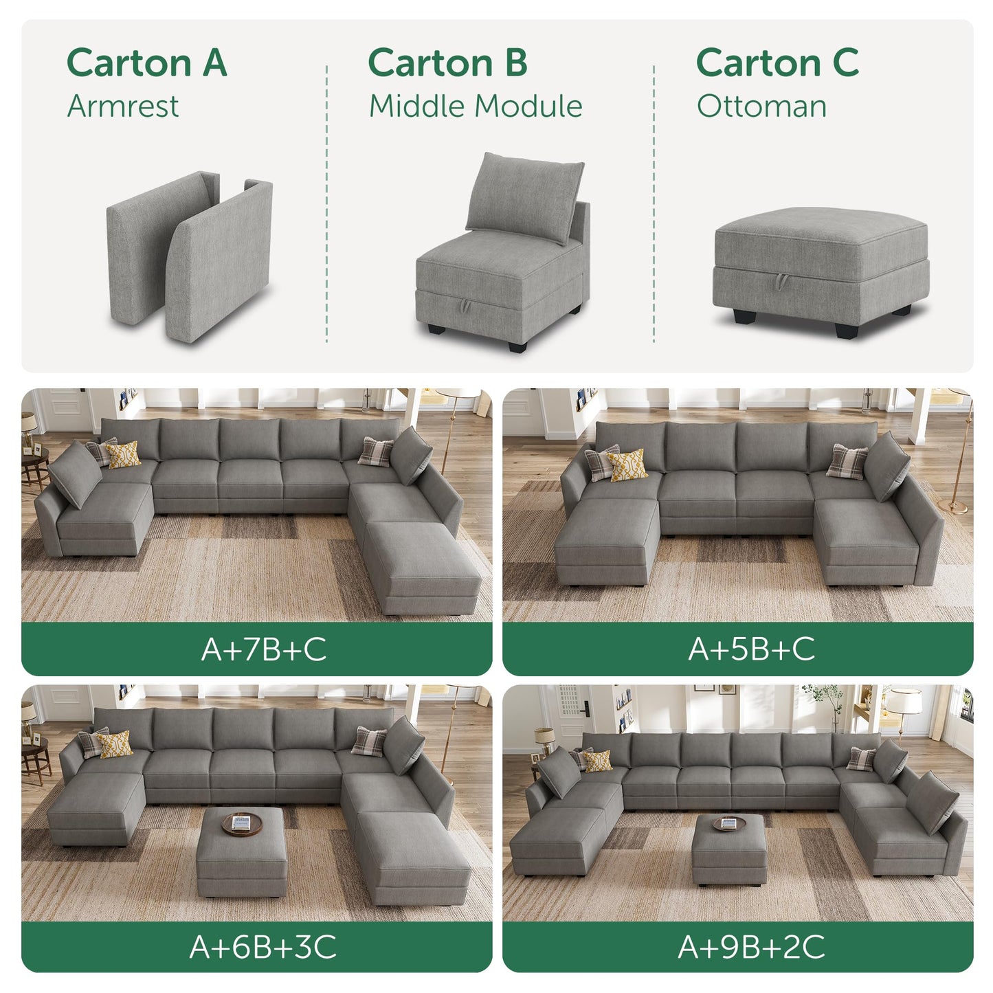 HONBAY Modular Sectional Sofa with Storage Modular Sleeper Sectional Sofa Oversized Sectional Couch for Living Room, Grey