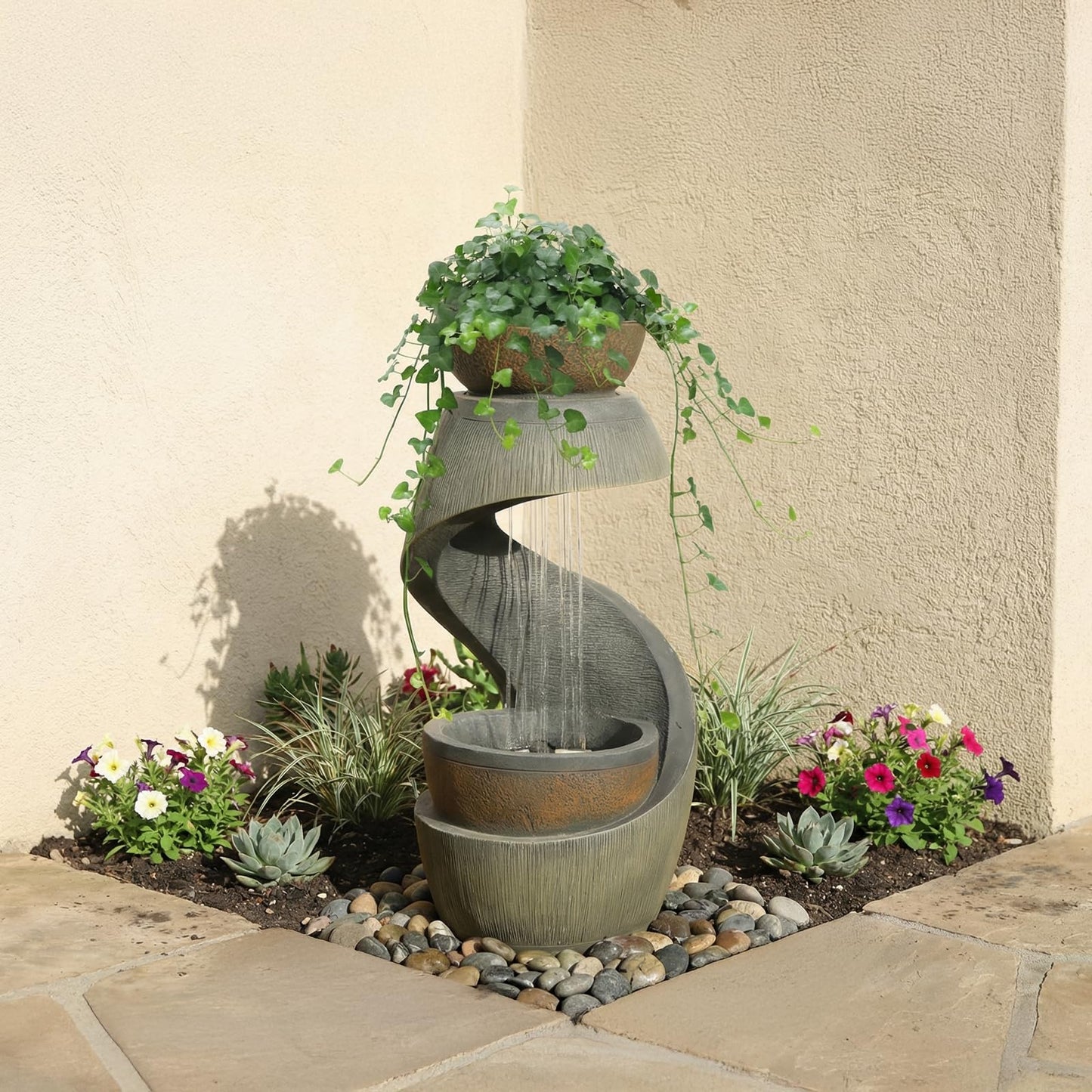 Takamota Outdoor Water Feature Patio Fountain with LED Lights, 31.9" Resin Garden Waterfall Fountain Outdoor, Modern S-Shaped Bowl Design Water Feature for Porch, Garden, Yard, Home Decor, Grey