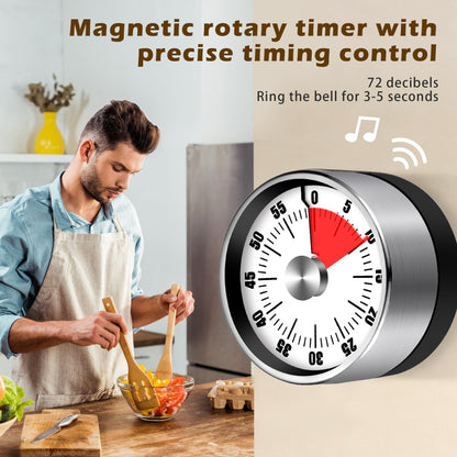 Premium Mechanical Kitchen Timer, No Battery Required, Magnetic Base, Twist Dial Control, Space Saving Design for Cooking Exercise, Silver and Black