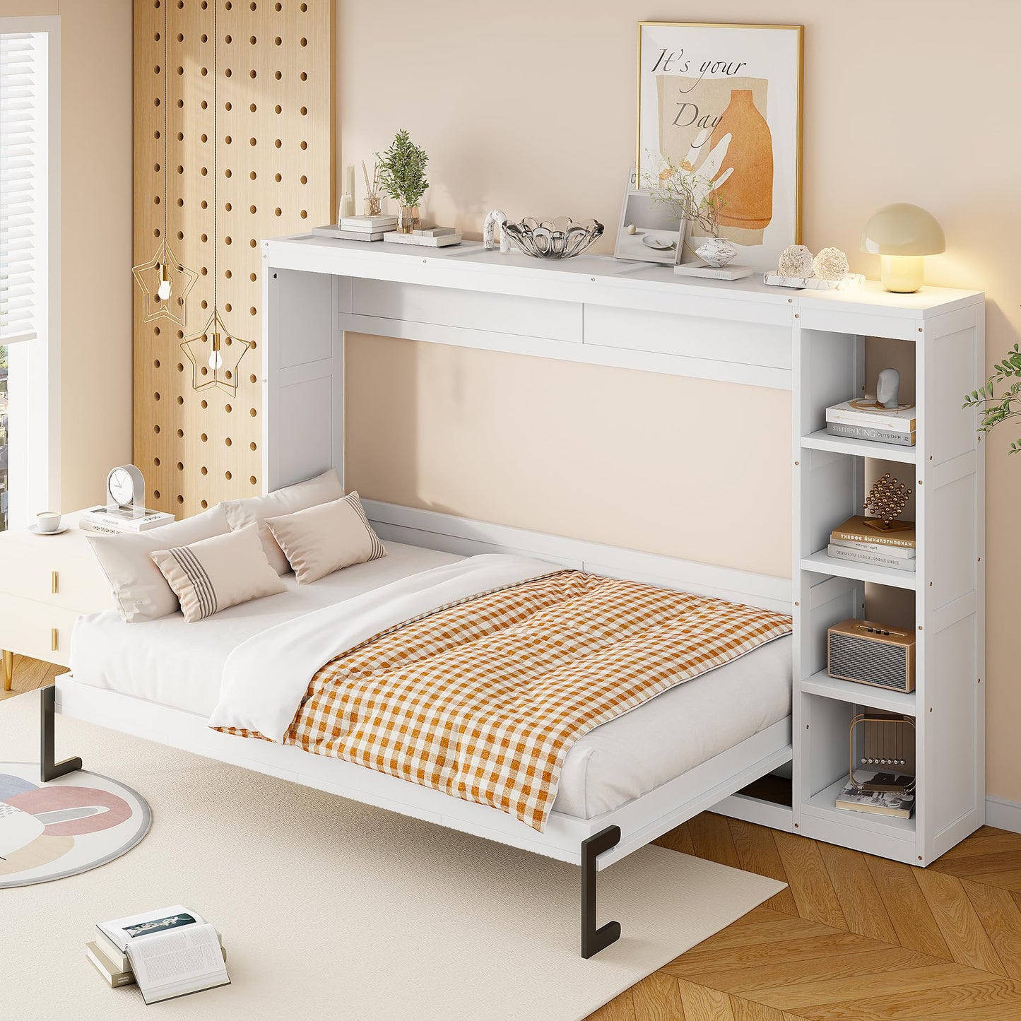 GDFStudio Boden Full Size Murphy Bed, Full Size Murphy Bed with Bookshelf, 4 Storage Shelves, Ample Storage Space, Organized as Cabinet, Saving Space Design, Perfect for Small Apartment, White