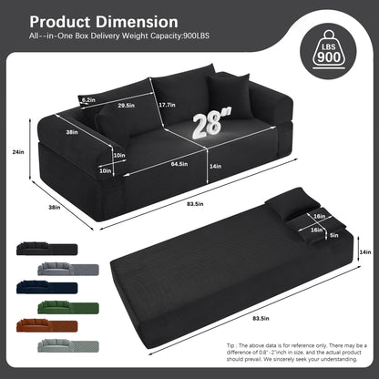 83" Modern Sofa in a Box, No Assembly Oversized 3 Seater 28" Deep Seat Cloud Sofa Bed Couch with 4 Furry Pillows & Corduroy Fabric, Boneless Couch with Side Storage Pockets for Living Room, Black
