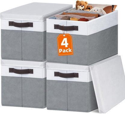 Large Closet Storage Baskets by [Brand Name] - Stackable Organizing Bins with Lids | 4-Pack for Nursery, Bedroom, and Home - 14x10x9.5