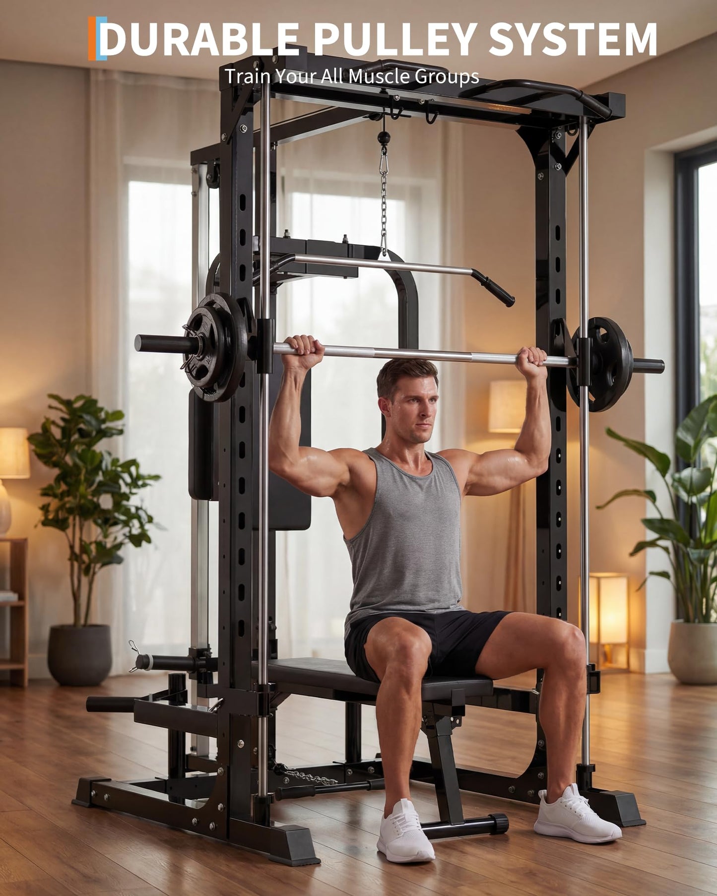 Garvee Smith Machine with Bench, Heavy Duty Power Cage Squat Rack with Smith Bar, LAT Pulldown System, Chest Station & More Training Attachment, Home Gym Equipment for Strengthen Training