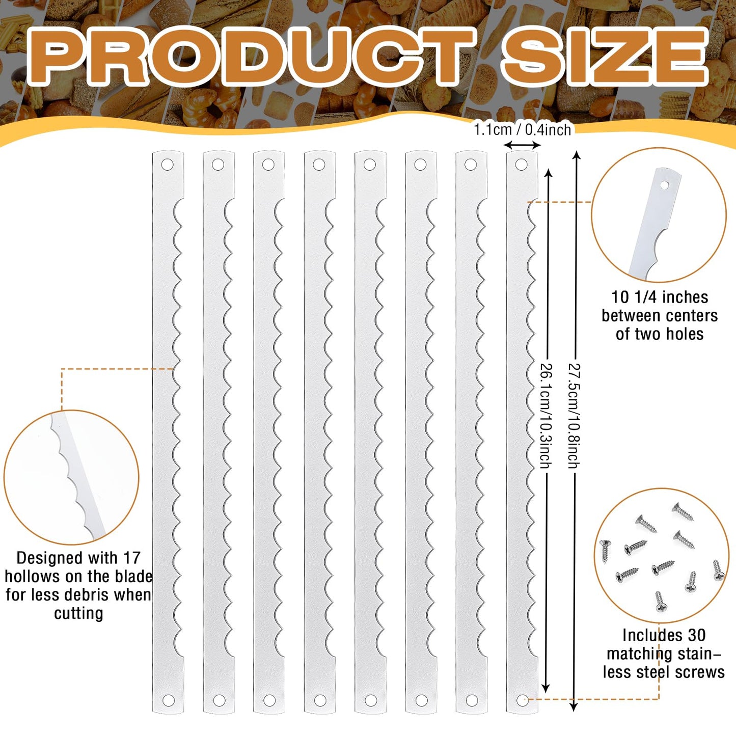 Therwen 12 Pcs Bread Bow Knife Blades 10.8" Serrated Stainless Steel Blades with Screws Replacement for Wood Bread Cutter, Sourdough, Baguettes, Cakes