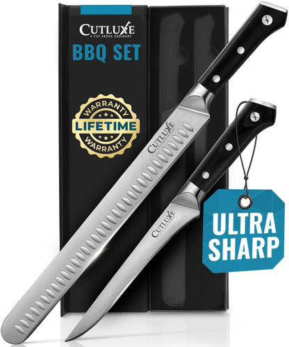Cutluxe Carving Knife Set for BBQ & Brisket – Razor Sharp German Steel Slicing and Boning Knife for Meat Cutting, Full Tang & Ergonomic Handle, Grilling Gifts for Men – Artisan Series