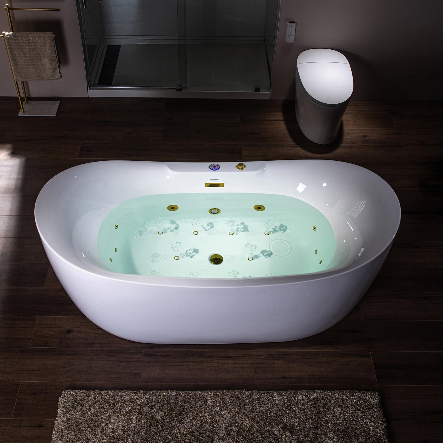 WOODBRIDGE 72" x 35-3/8" Whirlpool and Air Bath Heated Soaking Combination Tub with Adjustable Speed Air Blower and Display Control Panel, Brushed Gold Finish Trim and Drain Kit, BG400