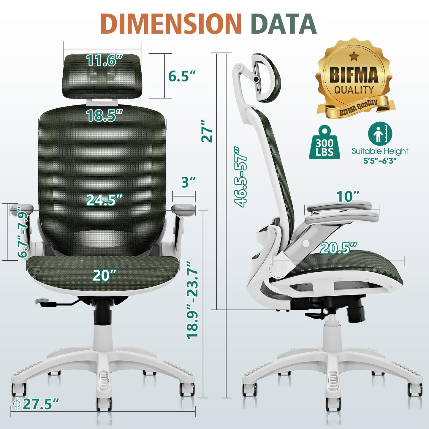 GABRYLLY Ergonomic Office Chair, High Back Home Desk Chair with Headrest, Flip-Up Arms, 90-120° Tilt Lock and Wide Cushion, 300LBS Mesh Chairs for Man Woman, White Task Chair(Olive Green,GY01WOG)