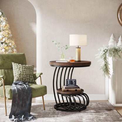 LITTLE TREE Round Side Table, Wood End Table with 2-Tier Storage Shelf, Accent Coffee Table, Creative Curved Metal Frame End Table for Small Spaces, Living Room, Bedroom, Brown + Black