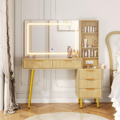 Garvee 48" Fluted Makeup Vanity Desk with Mirror and Lights, Glass Top Vanity Table with 5 Drawers, Open Shelf and Power Outlet, Modern Dressing Table for Bedroom and Living Room