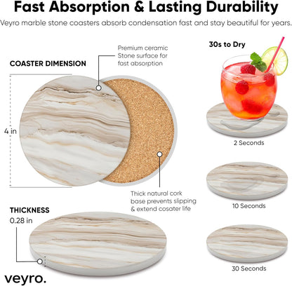 Veyro Set 6 Ceramic Coasters of Absorbent Stone Drink Coasters with Holder, Non-Slip Cork Backing, Modern Marble Look