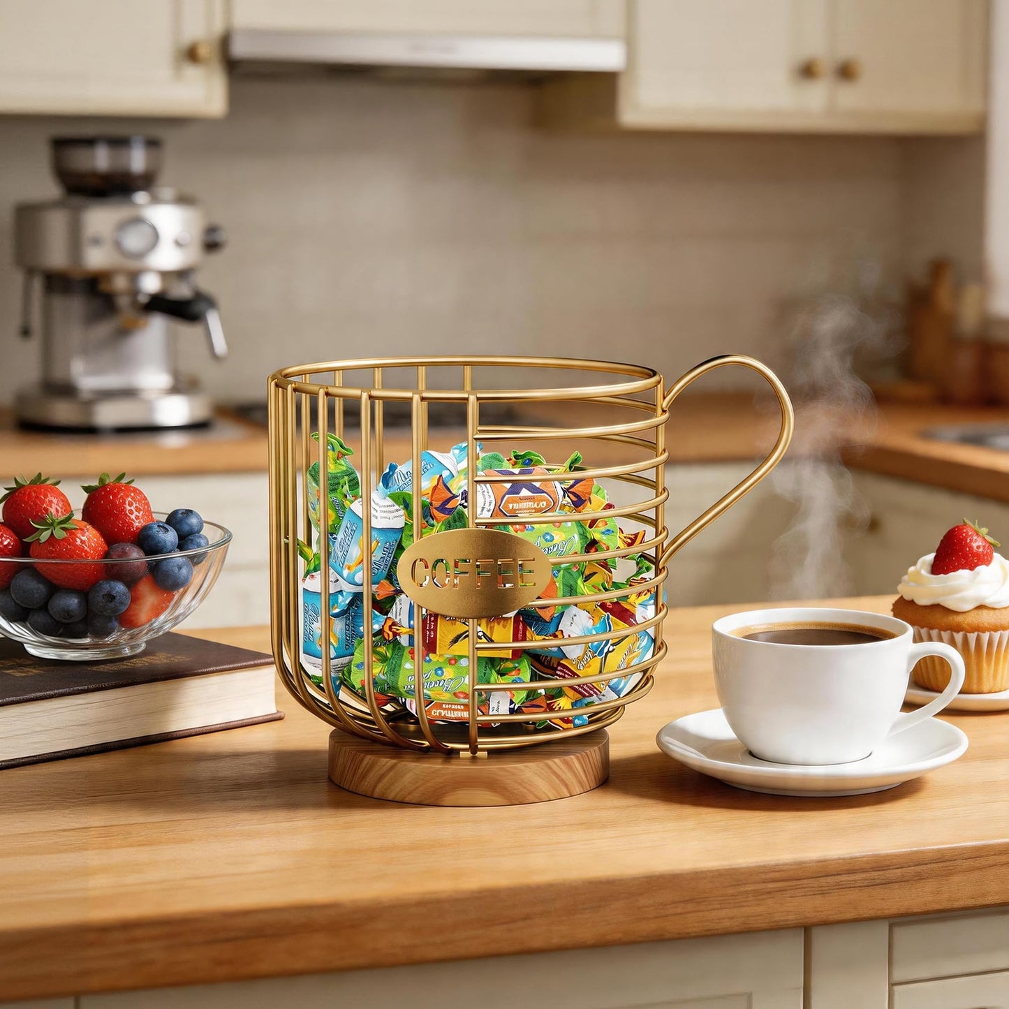 Coffee Pod Holder, 45+ Large Capacity Wire K Cup Storage Organizer with Solid Wood Base, Anti-Slip Coffee Capsule Holder for Kitchen Bar Counter, Compatible with K-Cups/Nespresso Espresso Capsules