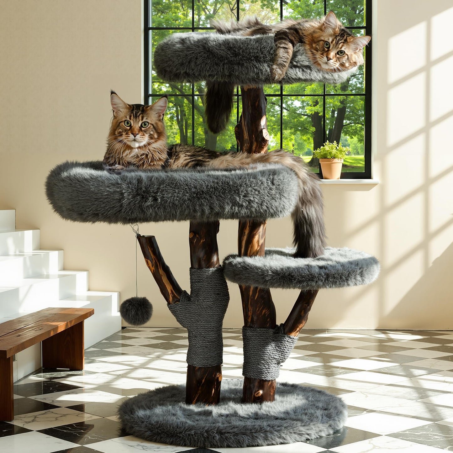 Aesthetic Cat Tree Tower for Large Cats, Modern Cat Tree for Maine Coon Indoor Cats with Faux Fox Fur, Maine Coon Cat Tree, Solid Wood Sisal Scratching Post, Perches, Platform & Toy Ball, Dark Gray