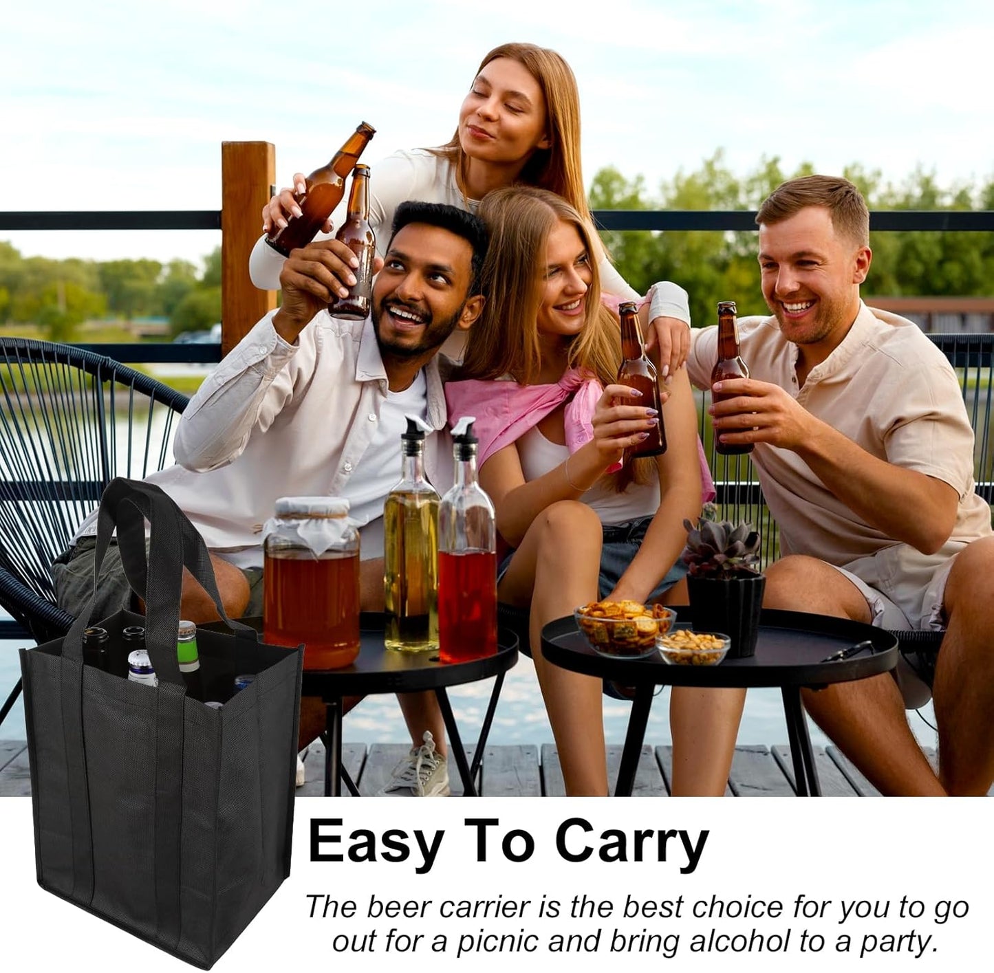 Reusable Wine Bottle Carrier Bag with 6 Compartments Dividers, Picnic Travel Shopping Fishing Party Holder