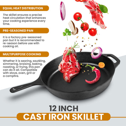 Utopia Kitchen Saute Frying Pan 12 Inch, Cast Iron Chefs Pan, Pre Seasoned Cast iron Skillet With Lid, Safe Grill Cookware for Indoor & Outdoor Use, Black
