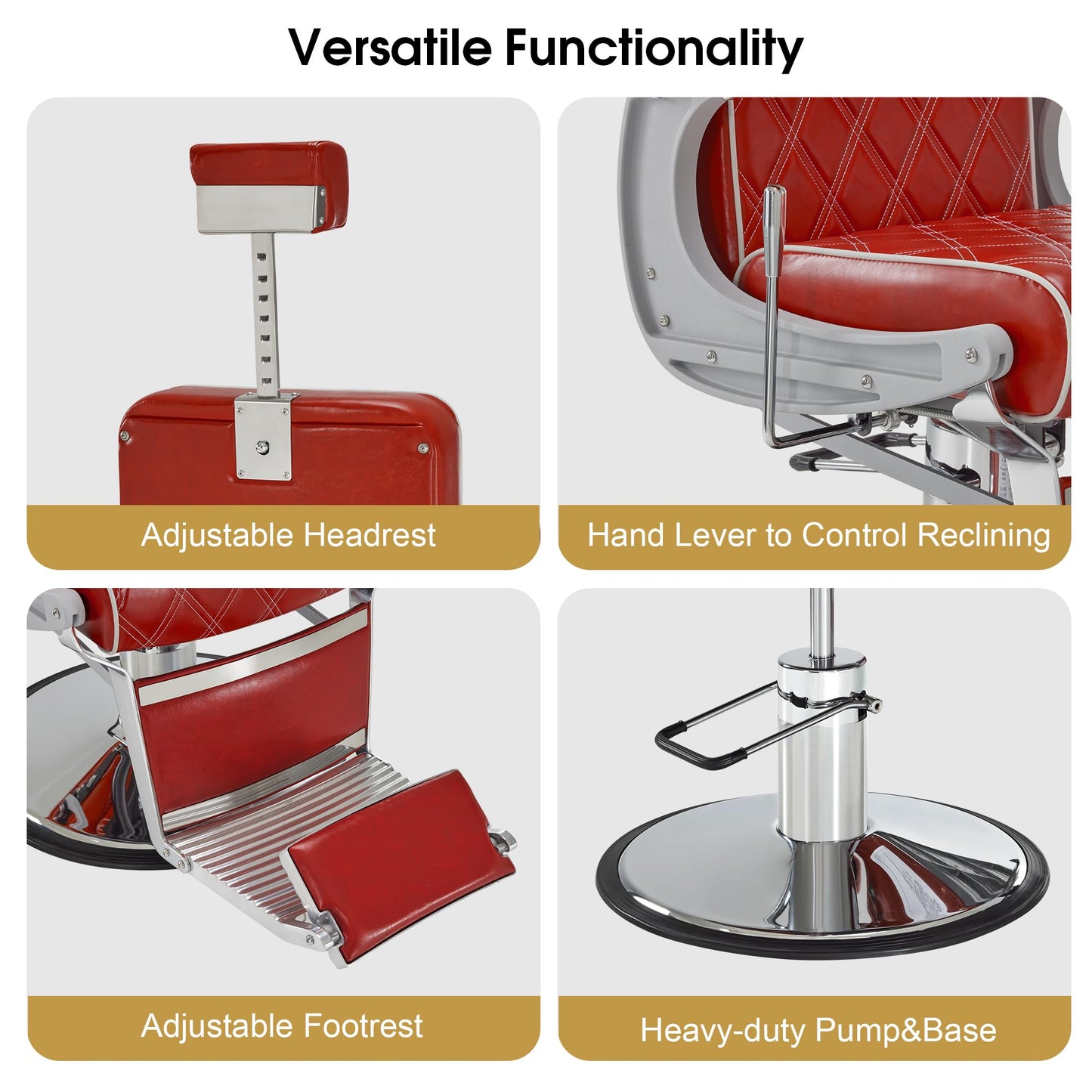 BarberPub Heavy Duty Metal Vintage Barber Chair All Purpose Hydraulic Recline Salon Beauty Spa Shampoo Equipment 3825 (Red with White Stitches)