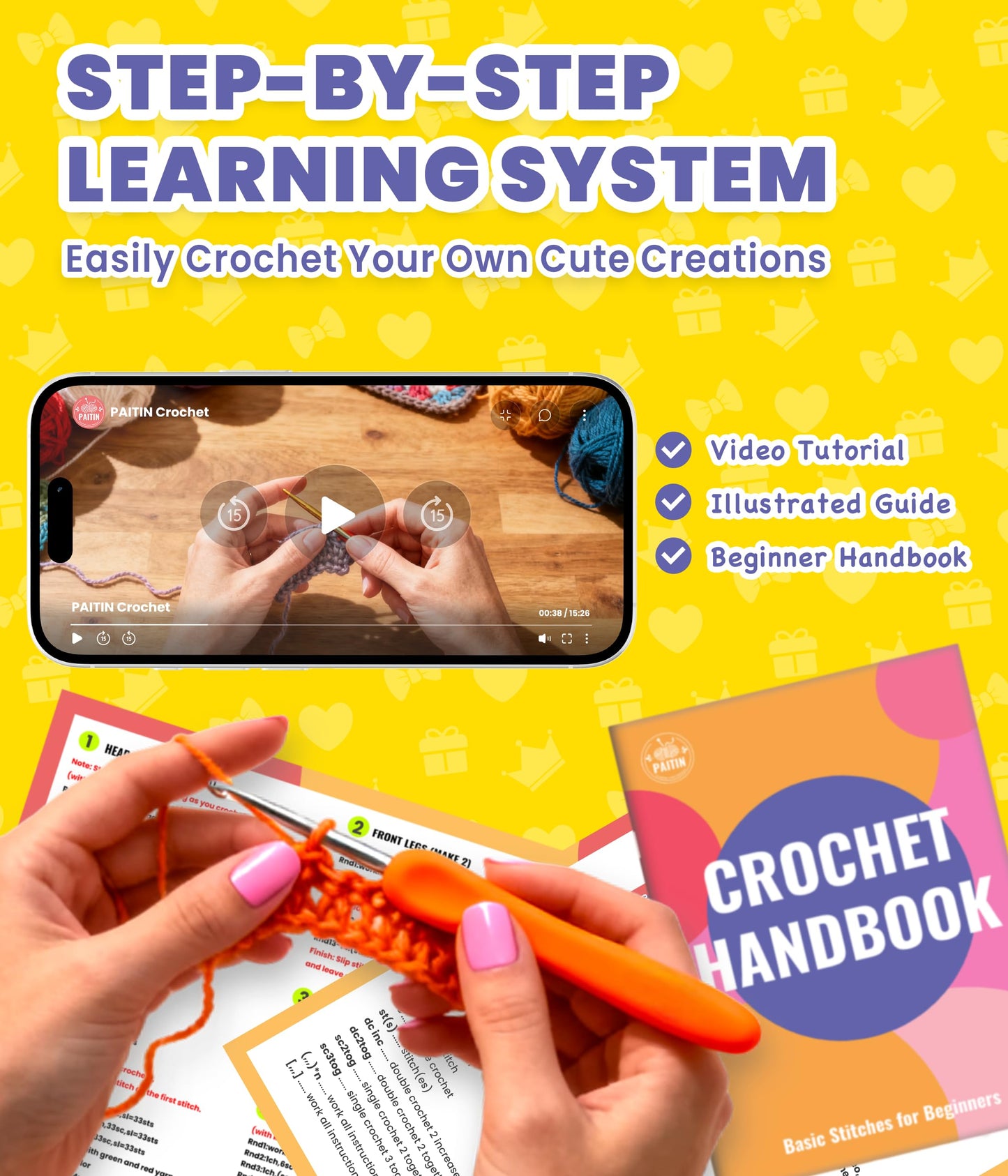 PAITIN Crochet Kit for Beginners – DIY Cat Amigurumi Crochet Kit, Easy Crochet Kits with Step-by-Step Video Tutorial and Beginner Handbook