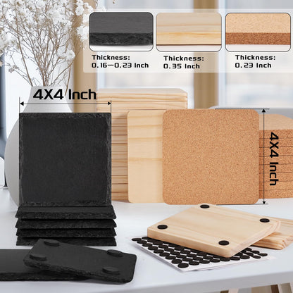90 PCS Coaster Bulk for Laser Engraving, MAPRIAL 4 Inch 30 PCS Blank Black Slate Stone, 30P Cork Coasters, 30 PCS Wood, Engravable Materials for Engraver, Mom Gifts, Painting, Crafts, Square