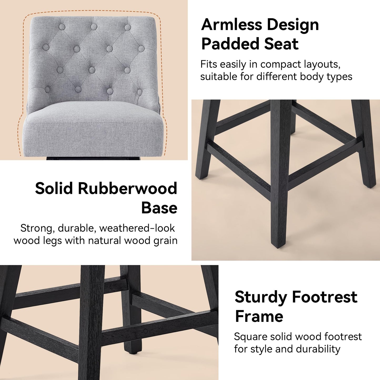 Erdoru Swivel Bar Stools with Backs, 26" Counter Height Bar Stools Set of 3, Modern Linen Fabric Upholstered Counter Height Stools with Solid Wood Legs for Kitchen Island, Dining Space, Light Grey