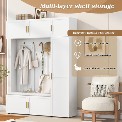 Amposei Modern Hall Tree with Shoe Storage Bench & Coat Rack, 79.72''H Tall Entryway Cabinet Organizer with 6 Doors, 4 Hooks & Padded Seat for Hallway Mudroom Living Room, White