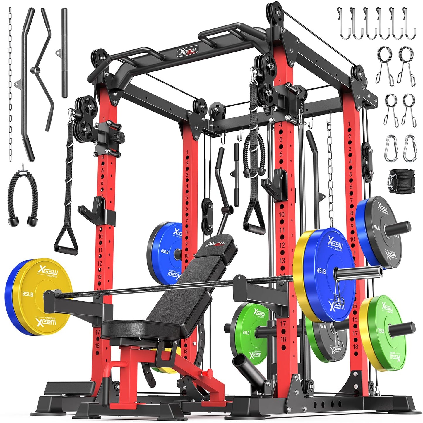 Power Rack Power Cage Multi-Function Squat Rack with Cable Crossover System Selectable More Training Attachment Power Rack for Garage & Home Gym (Red, F Set L02+Weight Bench+（Pole+Color BP） 258LBS)