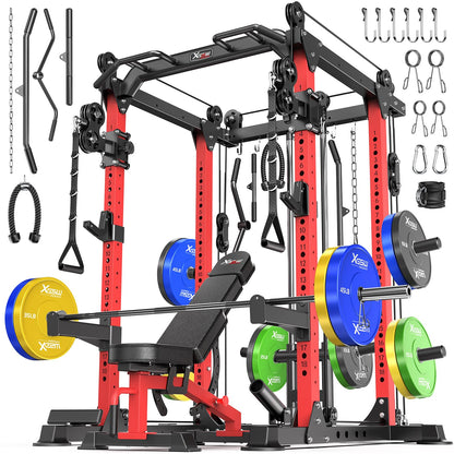 Power Rack Power Cage Multi-Function Squat Rack with Cable Crossover System Selectable More Training Attachment Power Rack for Garage & Home Gym (Red, F Set L02+Weight Bench+（Pole+Color BP） 258LBS)