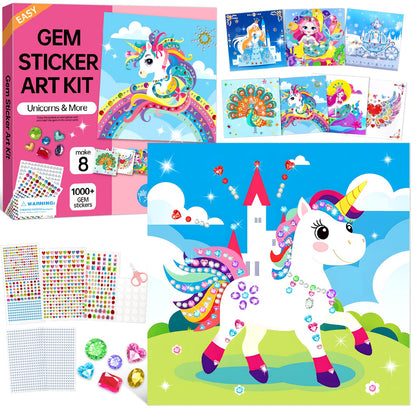 Gem Art Sticker Kit, Arts and Crafts for Kids Age 4-12, 8 Unicorn Princess Themes Diamond Art Kit, Gemstone Sticker Crafts Christmas Birthday Gifts for Girls Ages 4,5,6,7,8 Year Old
