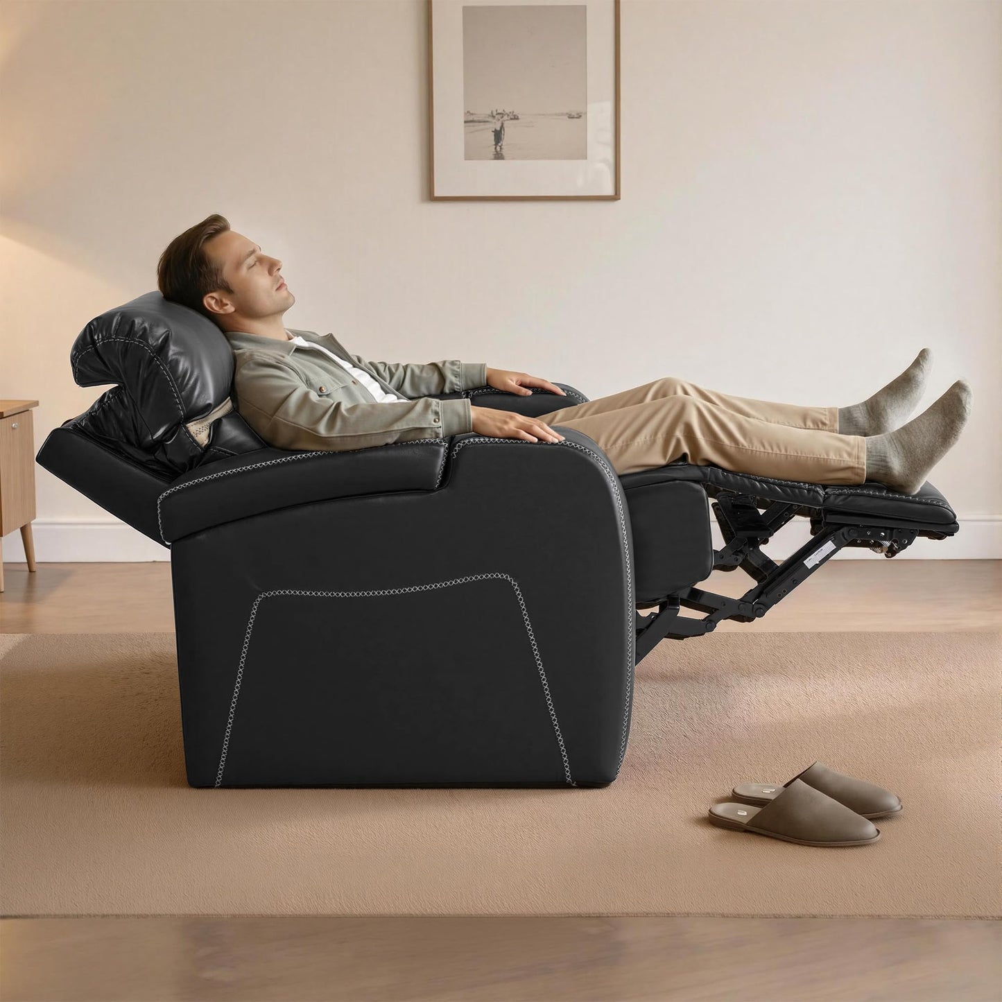 MCombo Power Recliner Chairs, Leather Recliner Chair for Adults, Home Theater Seating with Adjustable Headrest, USB Ports, LED Light & Armrest Storage, Recliners for Living Room HTS400 (Neutral Grey)