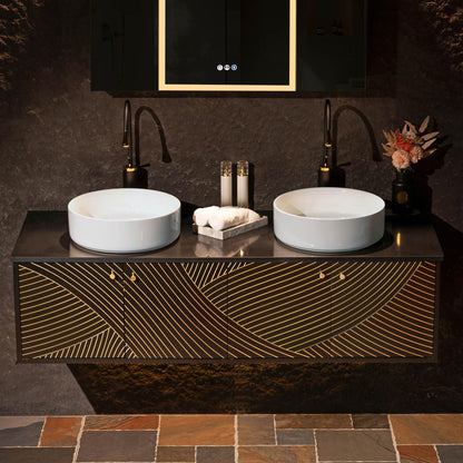Woodbridge 60"X22" Wall Mounted Vanity with Double Ceramic Round Vessel Sinks,Black Engineered Stone Vanity Top,Floating Design with Hand-Painted Black & Gold Accents,Space-Saving for Modern Living