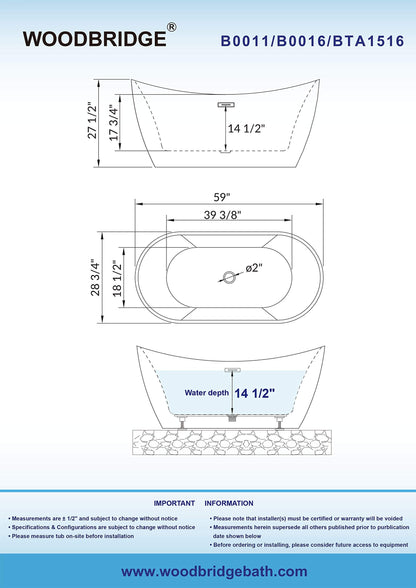 WOODBRIDGE B0016 C 59" Freestanding Bathtub Contemporary Soaking Tub, White Acrylic Drain/Overflow, B-0016 Chrome+ Pillow