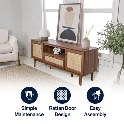 JONATHAN Y Finley 59" Mid-Century Walnut Rattan TV Stand for TVs up to 65 Inch, Wood Media Console with Woven Cane Soft-Close Doors and Drawer, Bohemian Entertainment Center for Living Room TVS1002B