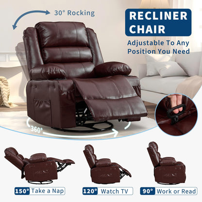 Rocking Recliner Chair for Adults PU Leather Wide Upholstered Glider Recliner with Cup Holder Deep Seat Single Sofa Rocker Chair for Nursery Living Room