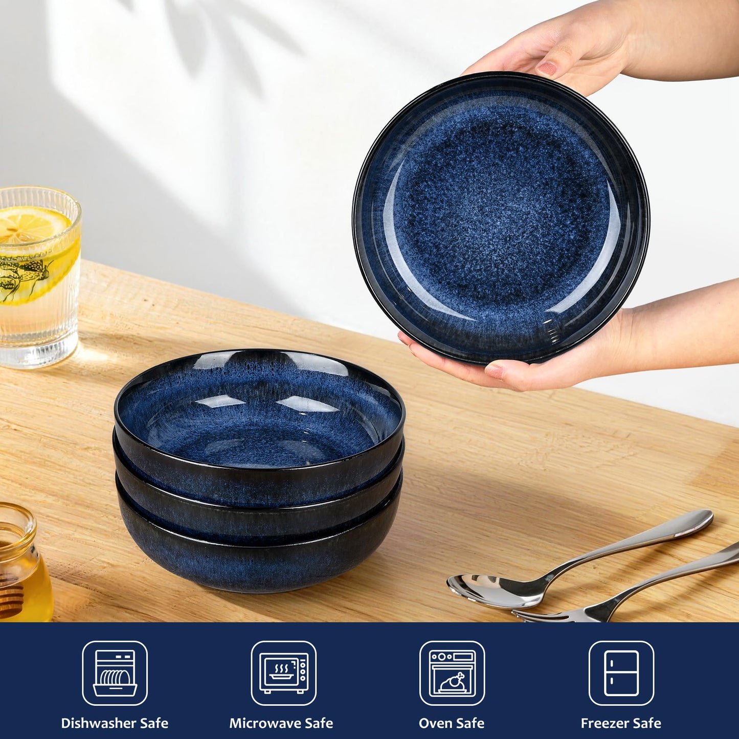 Ollieroo 4 Pieces 7.8 Inch Ceramic Pasta Bowls Set, 37oz Porcelain Reactive Glaze Salad Bowls Set, Large Serving Bowls Set for 4, Wide Bowls for Soup, Cereals, Fruit, Dishwasher Microwave Safe, Blue