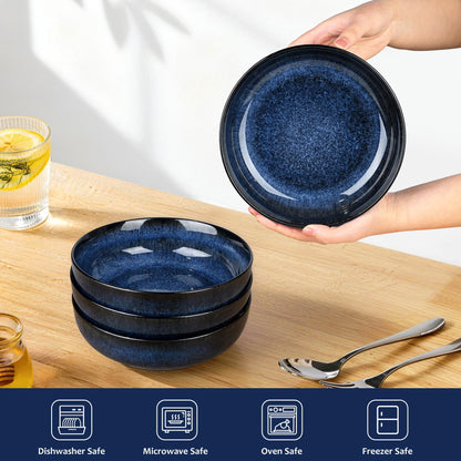 Ollieroo 4 Pieces 7.8 Inch Ceramic Pasta Bowls Set, 37oz Porcelain Reactive Glaze Salad Bowls Set, Large Serving Bowls Set for 4, Wide Bowls for Soup, Cereals, Fruit, Dishwasher Microwave Safe, Blue