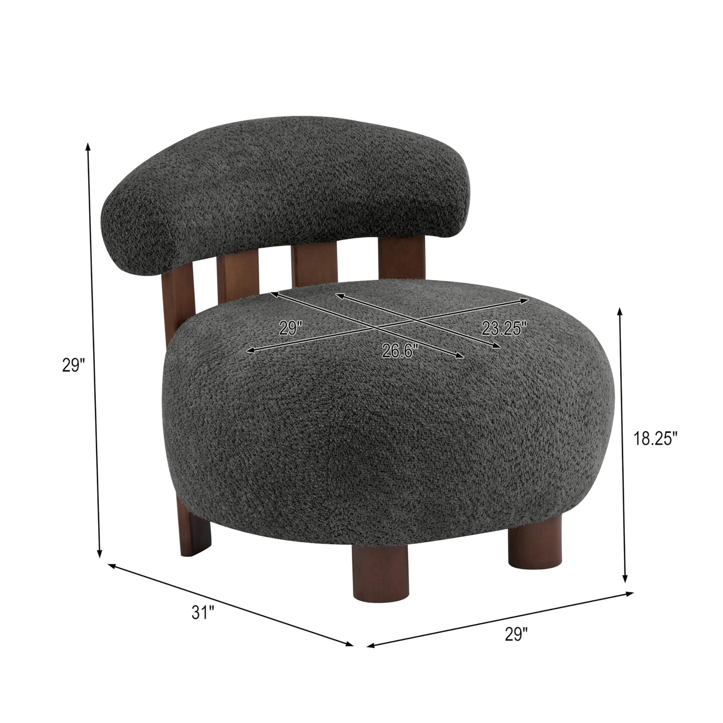 Merax Boucle Upholstered Accent Chair, Modern Barrel Armlesschair with Plush Curved Backrest and Solid Wood Legs, Cozy Lounge Reading Chair for Living Room Bedroom, Dark Gray