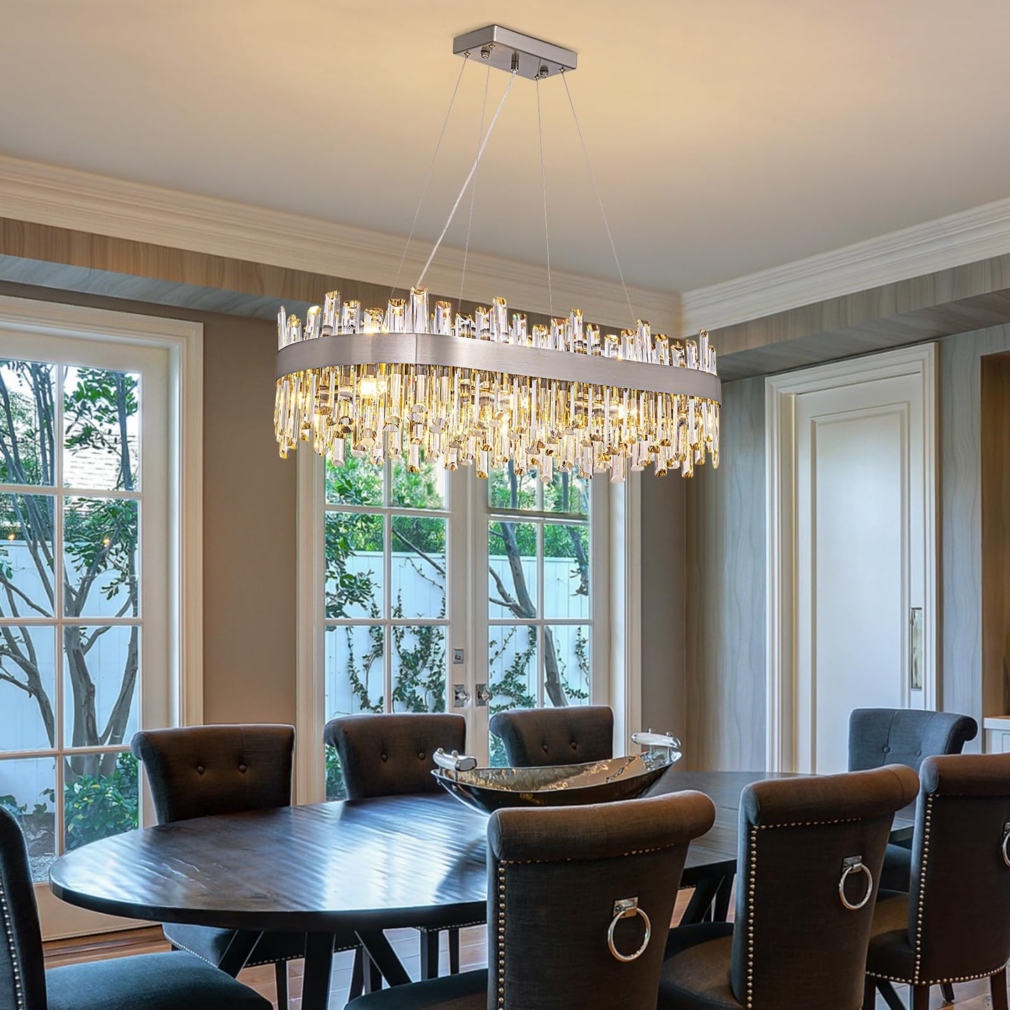 Siljoy Modern Crystal Chandelier, Luxury Rectangular 2-Tiers K9 Crystal Raindrop Chandelier, 16-Light Adjustable Hanging Crystal Ceiling Light for Dining Room Living Room Kitchen L35.4''