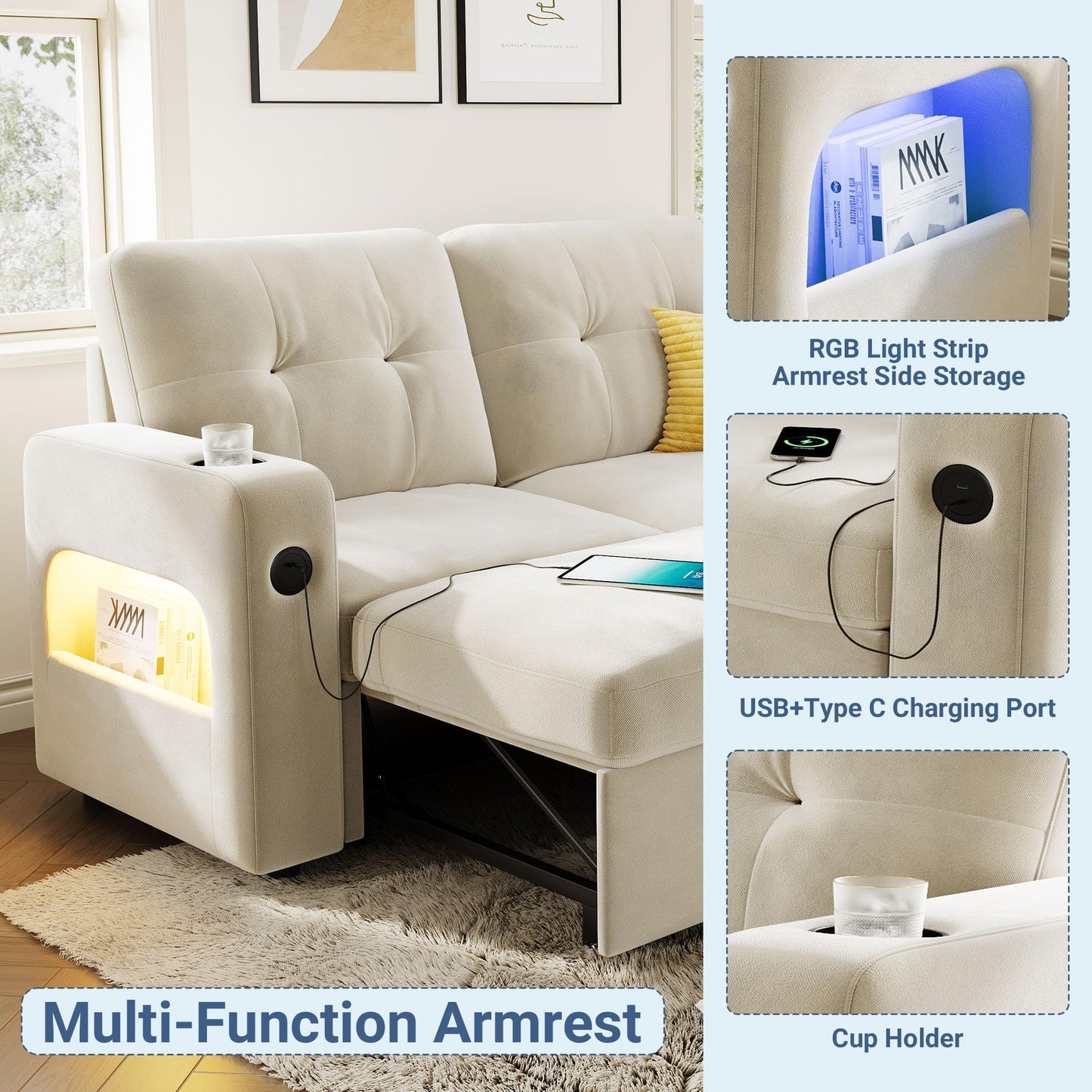 GarveeHome 84 Inch Sleeper Sofa Couch, L-Shaped Couches, Convertible Pull Out Sofa Bed with Storage, Charging Station, Led Lights, Modern Sectional Sofas for Living Room, Apartment, Velvet, Beige