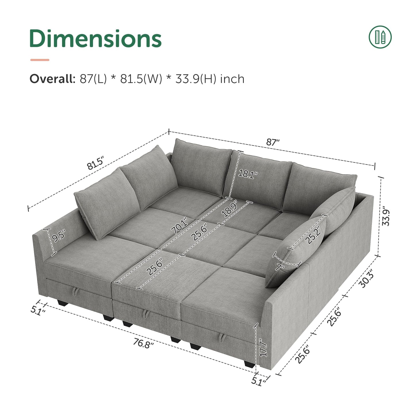 HONBAY Modular Sectional Sofa with Storage Modular Sleeper Sectional Sofa Oversized Sectional Couch for Living Room, Grey
