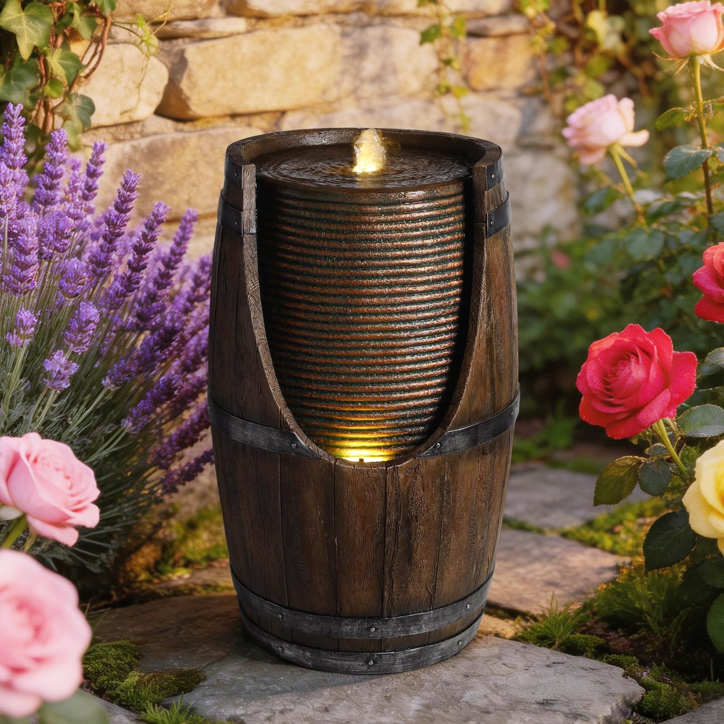 mdj pottery 24.8" Tall Outdoor Water Fountain, Rustic Barrel Style Cascading Resin Waterfall with Warm LED Lights, Weather-Resistant Patio Fountain for Patio Yard Porch - Brown Gray
