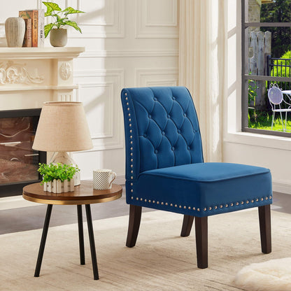 DRM'SCUUM Armless Accent Chairs Slipper: 2PCS Tufted Buttons Slipper Chairs Dining Chairs with Nails Decorative Side Chair for Bedroom Living Room Kitchen (Blue)