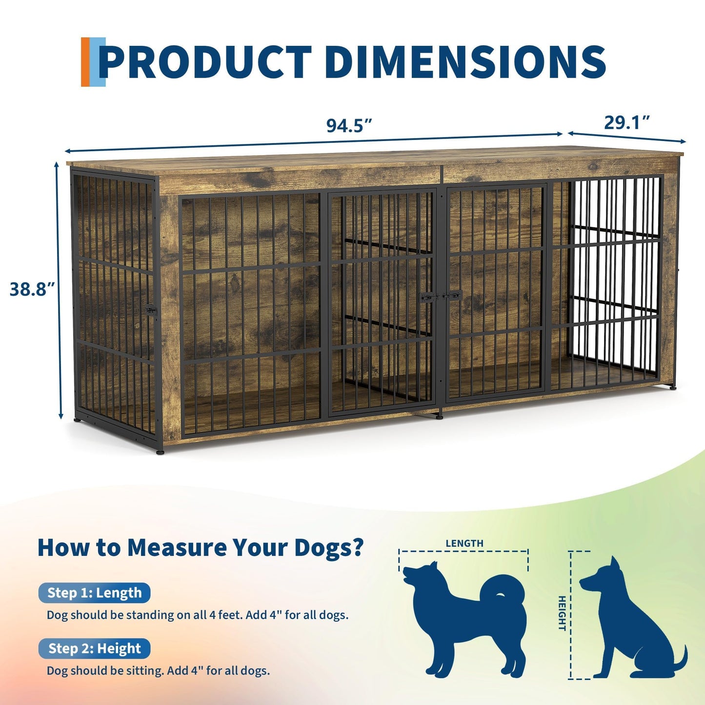 94.5" Dog Crate Furniture, Dog Kennel Furniture with Divider, Lockable, Wooden Crate TV Stand End Table for Large Medium Dogs, Rustic
