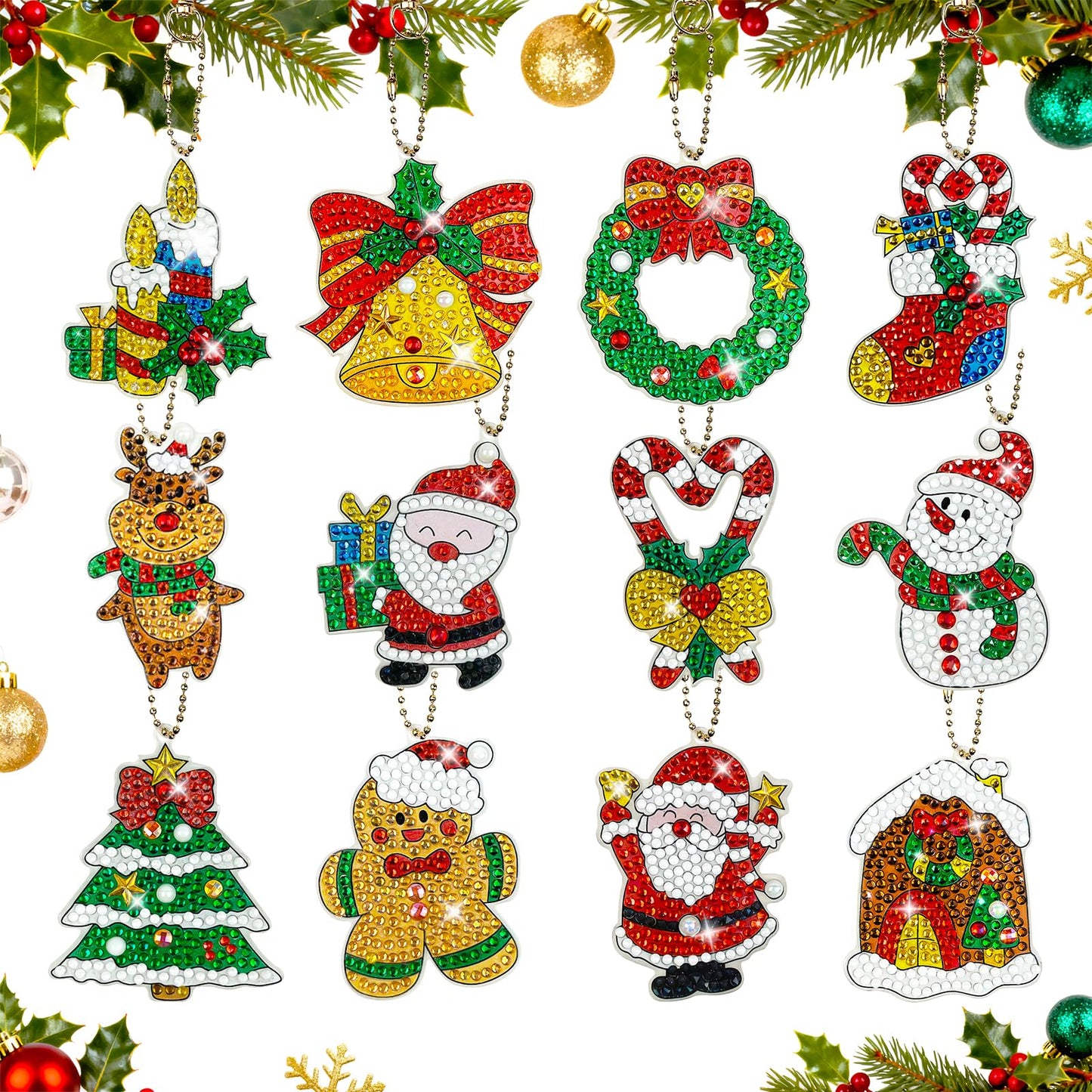 NewFamily 12 PCS 5D Winter Diamond Art Ornaments Kits for Adults, DIY Gem Art Kit with Keychains, Begginer Diamond Painting Crafts for Holiday Decorations